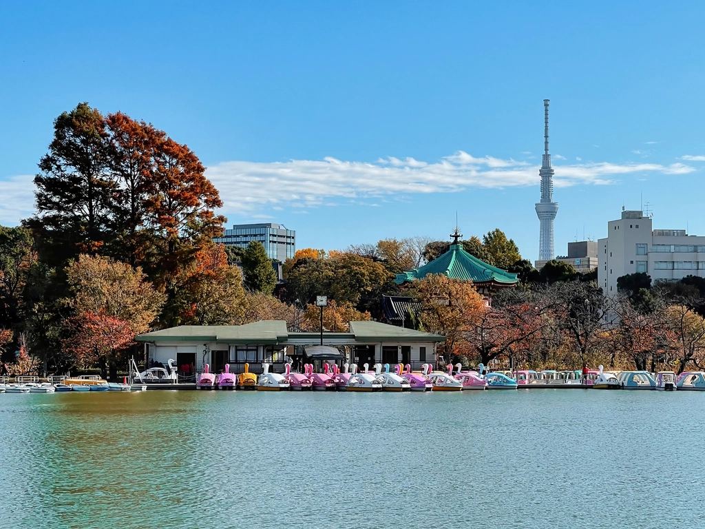 Shinobazu Pond in Ueno Park with Tokyo Skytree on the skyline